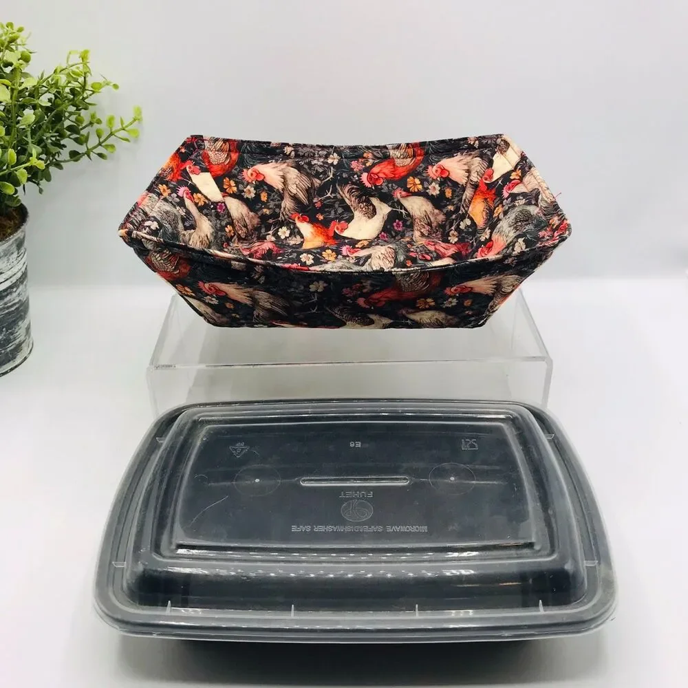 NEW! Microwave Cozy For Takeout Containers Reversible, Farmhouse Chickens